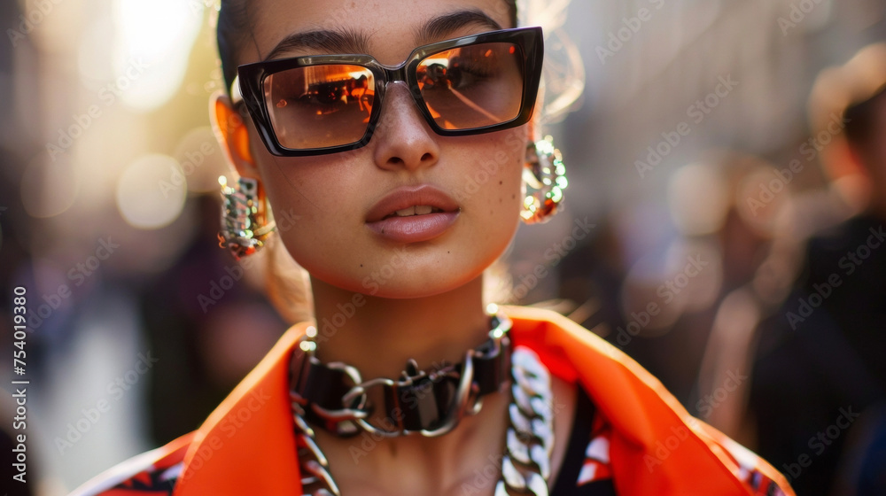 A young woman struts confidently down the street in a mix of highfashion and sportswear accessorizing with a chunky chain necklace and oversized shades.