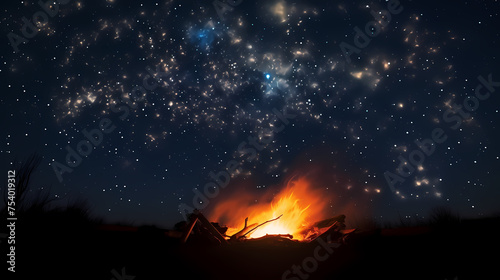Evening outdoor nature background with campfire closeup