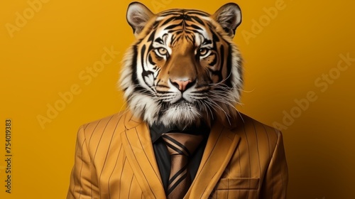 Tiger in corporate attire pretends to work in office, studio shot on plain wall unique concept