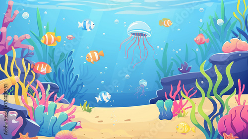 Underwater cartoon background with fish sand seaweed pearl jellyfish