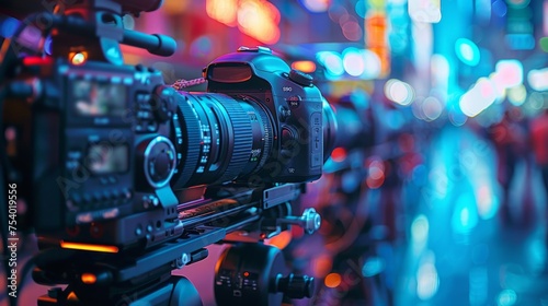 Professional cinema camera equipped with a large lens  set against a vivid neon-lit city street at night  high-end cinema camera in urban night setting.