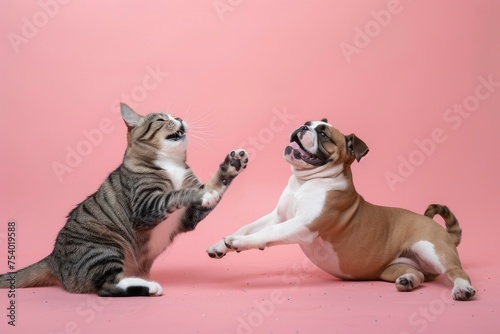 a cat and a dog playing in studio on pink background geenerative ai