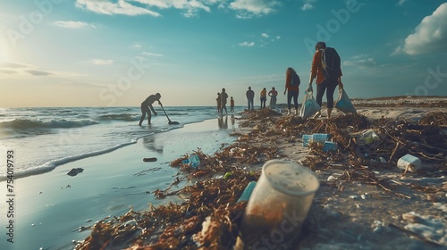 A group of dedicated volunteers diligently cleaning up litter strewn along the beach. In the background, the vast ocean, as they pick up trash to protect marine life