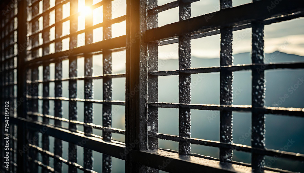 Silhouetted jail cell with dramatic backlighting, evoking themes of confinement, punishment, and isolation Silhouetted jail cell with dramatic backlighting, evoking themes of confinement, punishment, and isolation