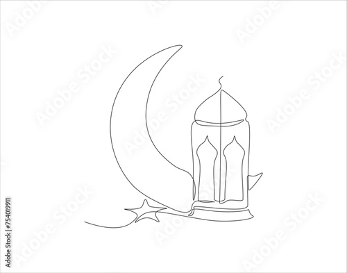 Continuous Line Drawing Of Crescent Moon For Ramadhan Element. One Line Of Crescent Moon. Moon Continuous Line Art. Editable Outline.