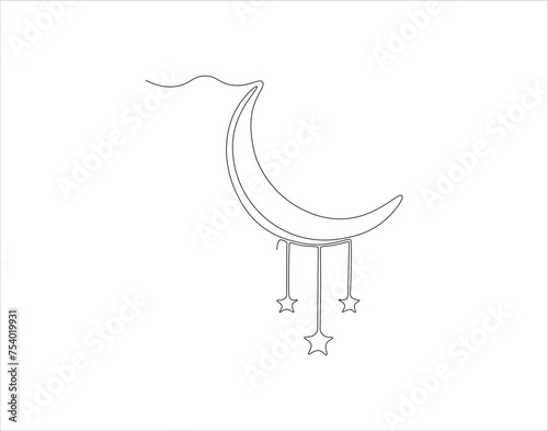 Continuous Line Drawing Of Crescent Moon For Ramadhan Element. One Line Of Crescent Moon. Moon Continuous Line Art. Editable Outline.