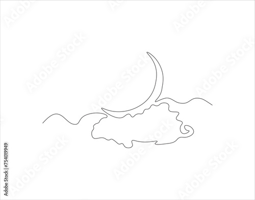 Continuous Line Drawing Of Crescent Moon For Ramadhan Element. One Line Of Crescent Moon. Moon Continuous Line Art. Editable Outline.