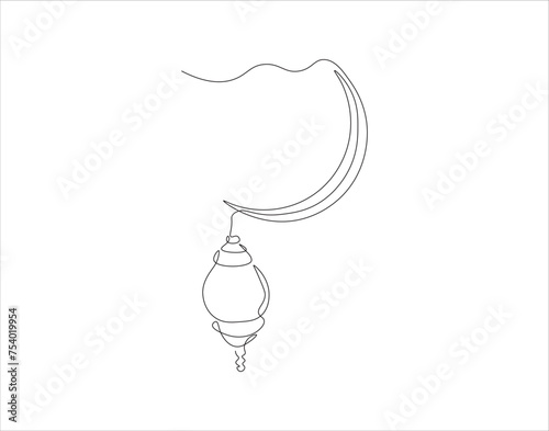 Continuous Line Drawing Of Crescent Moon For Ramadhan Element. One Line Of Crescent Moon. Moon Continuous Line Art. Editable Outline.