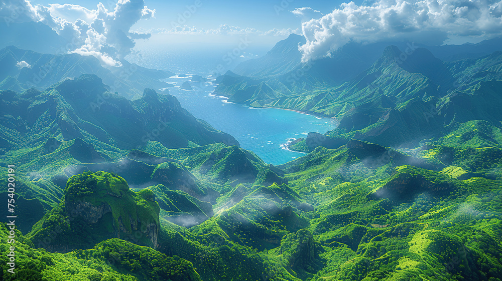 Breathtaking aerial view of lush green mountains with a serene blue lake nestled in the valley, under a clear sky. Breathtaking aerial view of lush green mountains with a serene blue lake nestled in the valley, under a clear sky.