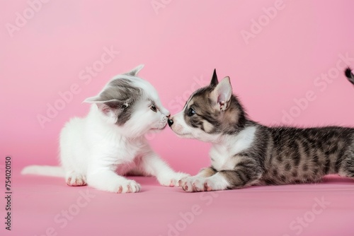 a cat and a dog playing in studio on pink background geenerative ai