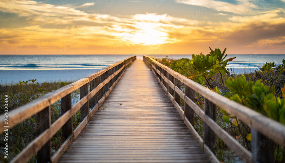 Long boardwalk to beach with shrubs, symbolizing serenity, escape, nature, and relaxation Long boardwalk to beach with shrubs, symbolizing serenity, escape, nature, and relaxation