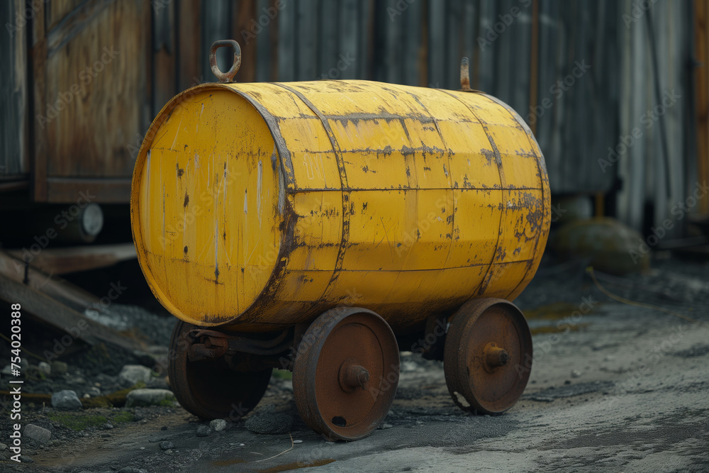 Yellow barrel on a trolley: industrial equipment for transportation Yellow barrel on a trolley: industrial equipment for transportation