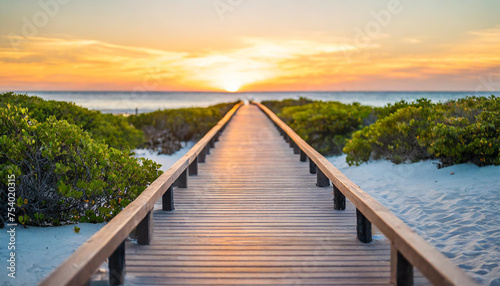 Long boardwalk to beach with shrubs, symbolizing serenity, escape, nature, and relaxation © Your Hand Please