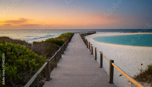 Long boardwalk to beach with shrubs, symbolizing serenity, escape, nature, and relaxation