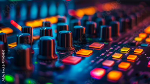 A close up of an audio mixing console with vibrant equalizer bars and s that allow for precision sound control in the creation of experimental music.