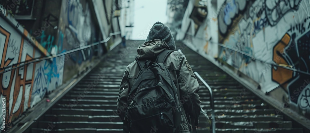 A hooded figure with a backpack ascends a graffiti-covered staircase, suggesting urban exploration and street culture. A hooded figure with a backpack ascends a graffiti-covered staircase, suggesting urban exploration and street culture.
