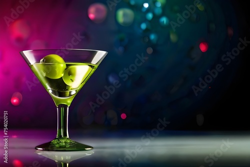 Cocktail glass of martini with alcohol and the addition of olives and lime. A chilled drink for a party. Triangular shaped bowl on a long stem with a cocktail, festive background with space Generative