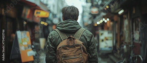 A solitary man with a backpack walks away, contemplating the moody, bokeh-lit streets of an urban landscape.