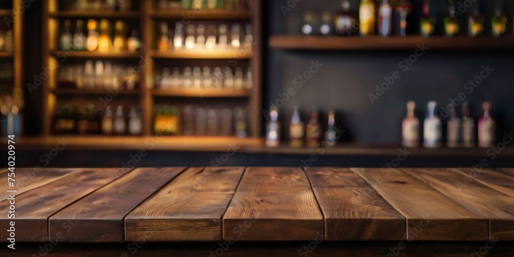 Rustic empty wooden table top of bar counter liquor store with copy space for your decoration. Vintage pub interior, Restaurant space. Abstract blurred bar background for product placement