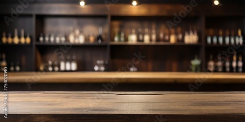 Wallpaper Mural Rustic empty wooden table top of bar counter liquor store with copy space for your decoration. Vintage pub interior, Restaurant space. Abstract blurred bar background for product placement Torontodigital.ca