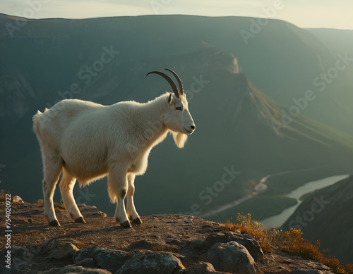 mountain goat on a rock in the mountains, Valhalla Provincial Park in the West Kootenays a rocky mountain goat (Oreamnos americanus) standing on a cliff during golden hour in British Columbia, Canada. photo
