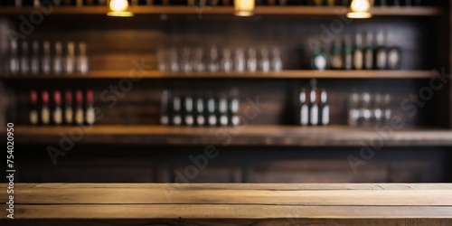 Rustic empty wooden table top of bar counter liquor store with copy space for your decoration. Vintage pub interior, Restaurant space. Abstract blurred bar background for product placement