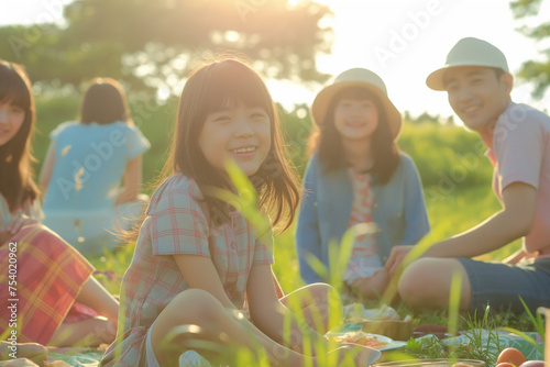 A group of children is having a picnic in a sunny park