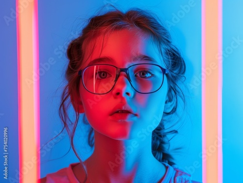 A young girl is bathed in neon light, her reflective glasses hinting at the colorful vibrancy of contemporary youth culture.