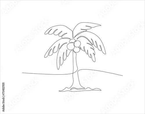 Continuous Line Drawing Of Coconut Tree. One Line Of Coconut Tree. Coconut Tree Continuous Line Art. Editable Outline.