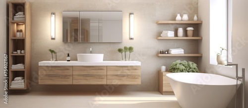 A light, modern bathroom featuring a bathtub, sink, and mirror. The sleek design of the tub and sink contrasts with the warmth of the wooden chest of drawers. © Vusal