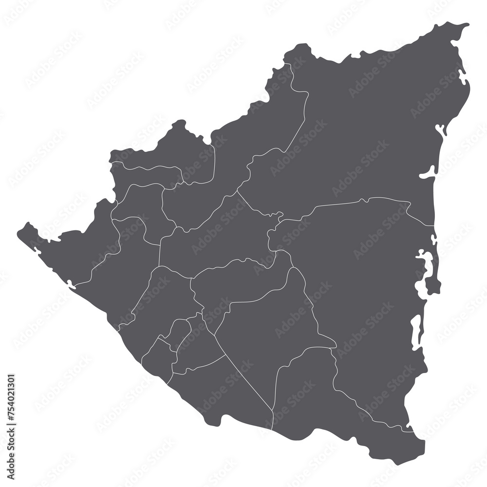 Nicaragua map. Map of Nicaragua in administrative provinces in grey color