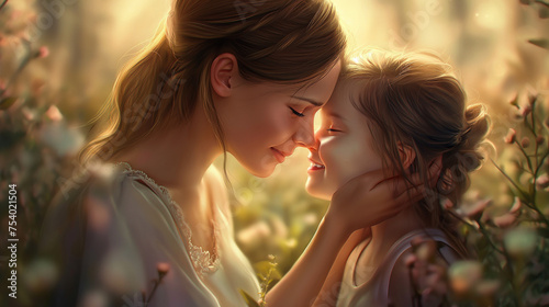 Mother and daughter touching noses in a magical flower field