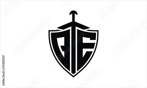 QE initial letter shield icon gaming logo design vector template. batman logo, sports logo, monogram, polygon, war game, symbol, playing logo, abstract, fighting, typography, icon, minimal, knife logo