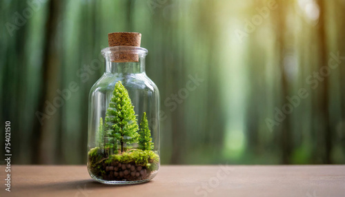 Glass jar holds lush forest, symbolizing nature preservation. Simple background, space for caption