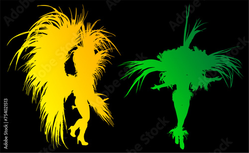 samba, baile, brasil, danza, carnaval, silueta, color, vector, pegatina, plumas, traje, ilustracion, angel, diablo	
