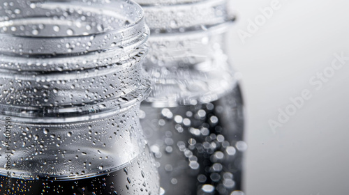 A closeup of two plastic bottles one made of traditional plastic and the other of bioplastic. The traditional plastic bottle has a clear rigid look with no visible distortions photo