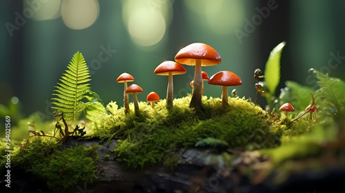 Close up look at the forest floor showing mushrooms