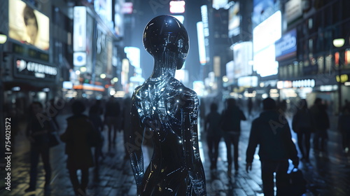 Wallpaper Mural Capital city in dark night business district There was a cyborg person hidden among the crowd. A future world covered by artificial intelligence Torontodigital.ca