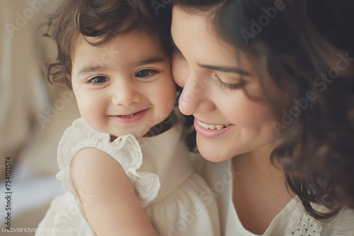 A moment of love between mother and child, a soft emphasis on the expression of joy, natural lighting, casual clothes, a warm and gentle atmosphere, a small depth of field that conveys a sense of fami photo