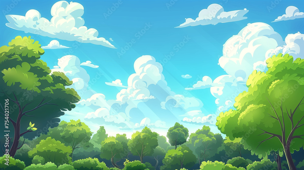 Cartoon background for game and animation Green forest with blue sky and clouds Landscape  - obrazy, fototapety, plakaty 