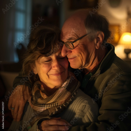 A cozy home scene capturing the genuine warmth and joy shared by an elderly couple, celebrating connection and timeless affection.