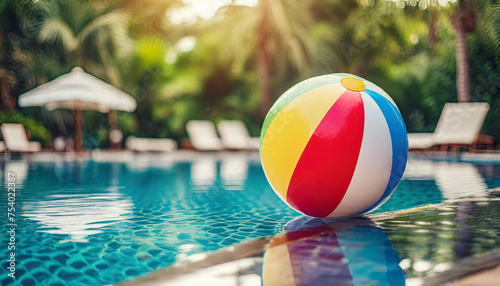 colorful beach ball floats on luxurious pool, inviting relaxation and fun in the sun