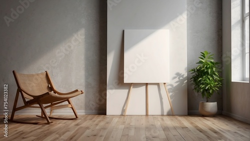 A laminate floor and white wall setting featuring a blank canvas mockup leaning for an artist's presentation Generative AI © Haroon