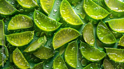 Meticulously arranged aloe vera slices create an attractive pattern against the background. Each translucent piece reveals the plant's gel-filled interior. Makes you see its natural benefits.