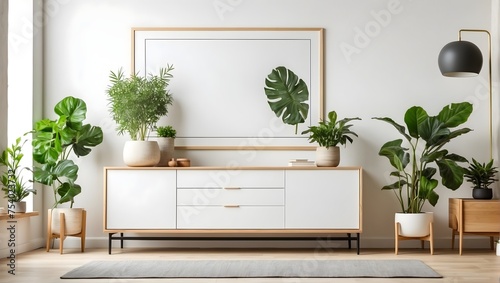 A modern living room with a white wall, featuring a mockup of a blank poster frame, a wooden sideboard, and a touch of greenery from a small plant Generative AI
