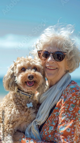 Portrait of a smiling elderly woman wearing sunglasses with her dog against the beautiful beach background, background image, generative AI