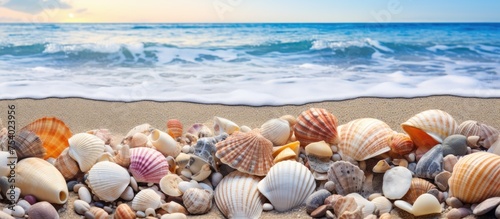 A multitude of seashells lies scattered on the sandy beach, with the vast ocean stretching out in the background. The sunlight glistens off the shells, creating a beautiful scene.