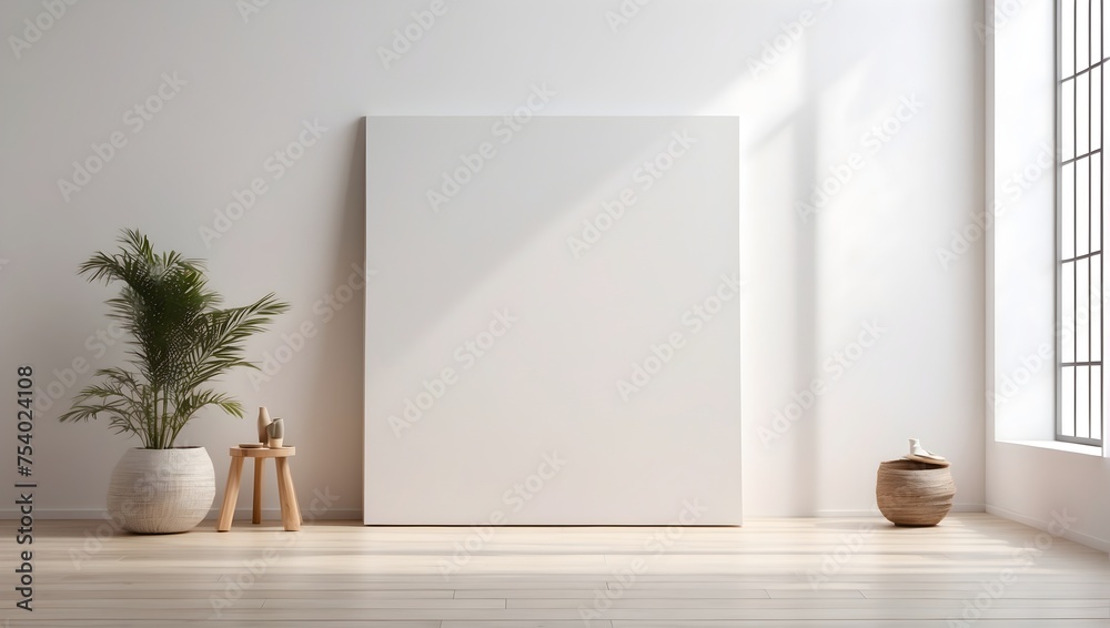 An empty art canvas displayed on a laminate floor, set against the backdrop of a white wall for a mockup Generative AI - obrazy, fototapety, plakaty 