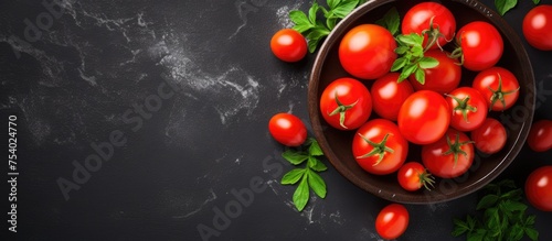 A bowl filled with vibrant and juicy tomatoes is placed on top of a table, showcasing the bountiful harvest. The tomatoes are ripe and ready for culinary use, resting on a dark concrete surface.