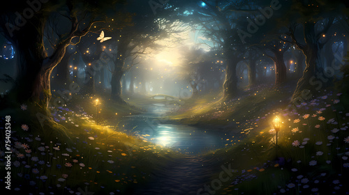 Ethereal twilight scene in a mysterious forest with trees decorated with warm lights © ma